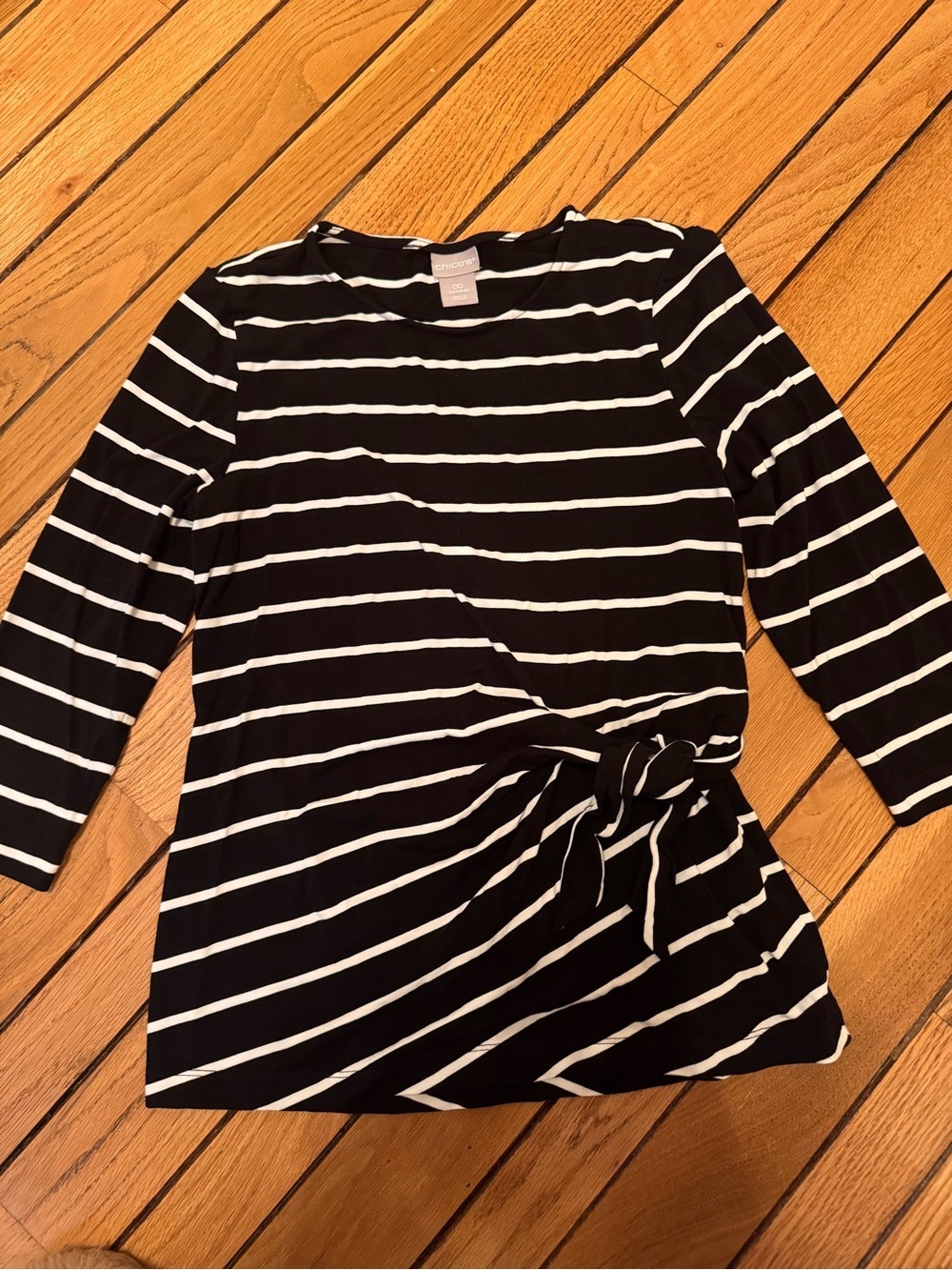 Chico's Black & White Striped Tie-Waist Long Sleeve Top
